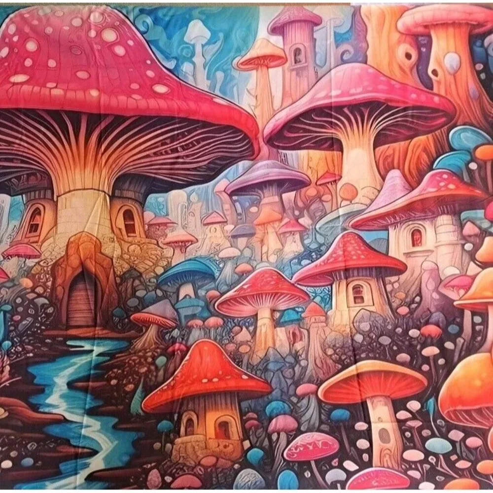 New Hidden Mushroom Village Tapestry Decor Wall Hanging Coverlet NIP Mushrooms